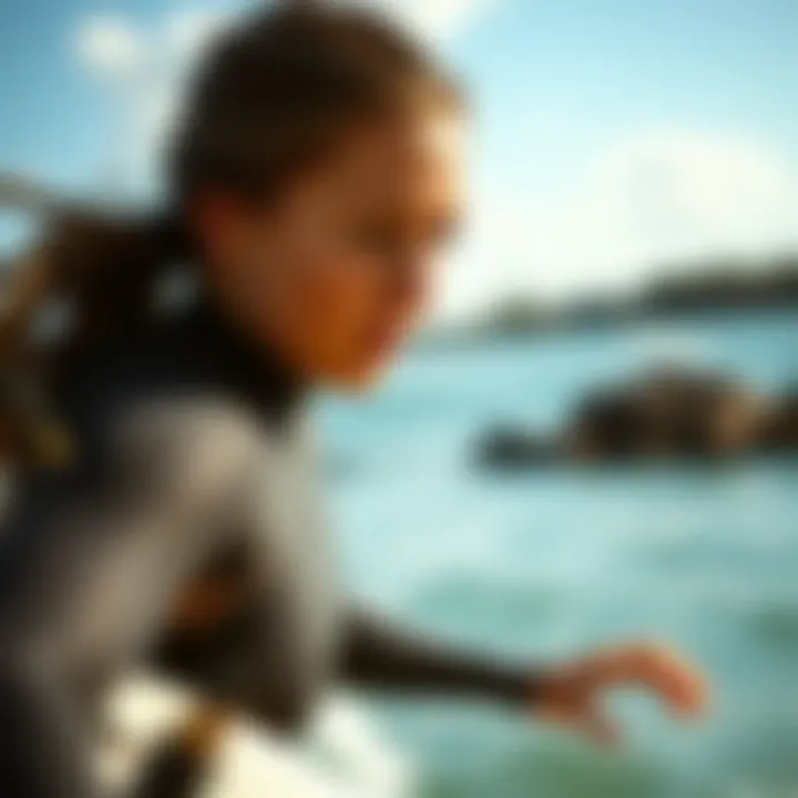 Performance in Action A female athlete wearing a wetsuit top during a surfing session