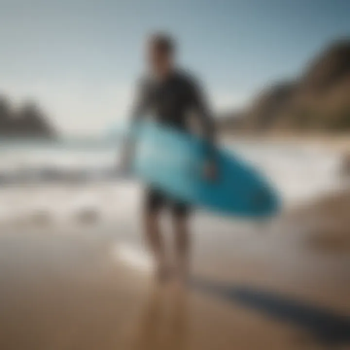 A surfer using an FCS board bag at the beach, showcasing practical application.