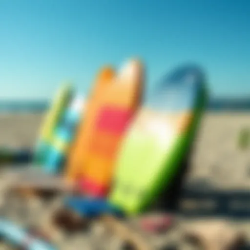 Vibrant boogie boards displayed on a beach