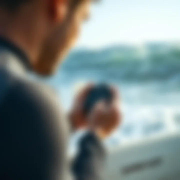 Surfer checking performance metrics on Garmin device