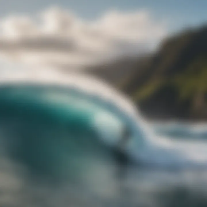 Surfer riding a wave with a picturesque backdrop