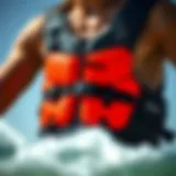 A close-up view of a high-tech impact vest designed for kiteboarding, showcasing its safety features.