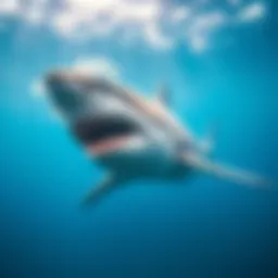 A majestic great white shark gliding through clear blue waters