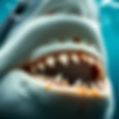 Close-up view of great white shark teeth showcasing their predatory nature