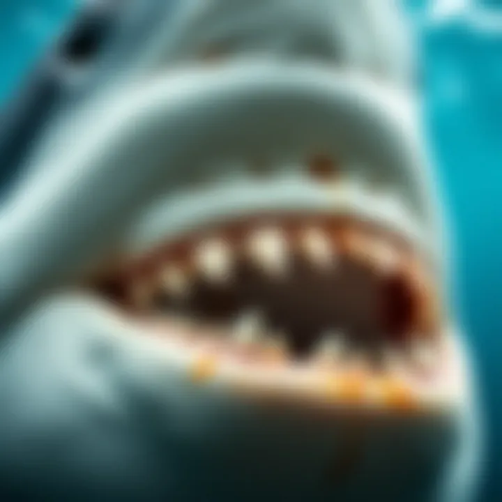 Close-up view of great white shark teeth showcasing their predatory nature