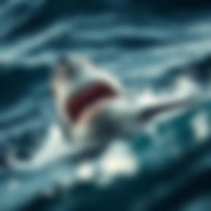 A great white shark breaching the surface of the ocean