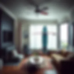 Stylish indoor surf rack showcasing multiple surfboards in a modern living space