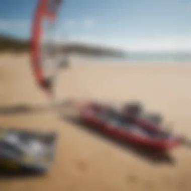 An assortment of cutting-edge kitesurfing gear displayed on a sandy beach.