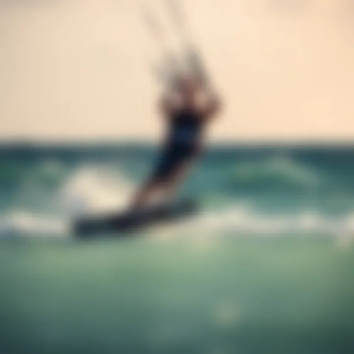 Exciting view of a kite surfer catching the wind, with waves crashing in the background.