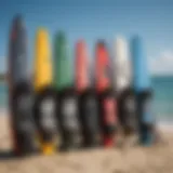 Various types of kiteboard bags arranged for selection