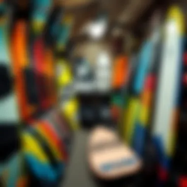 Diverse Kiteboarding Products A variety of kites and boards arranged in a retail setting