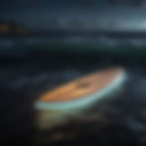 A stunning LED surfboard illuminated against the night ocean waves