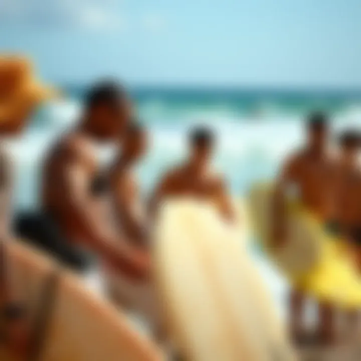 Embracing Local Surf Culture Local surfers interacting and sharing tips at a popular surf spot