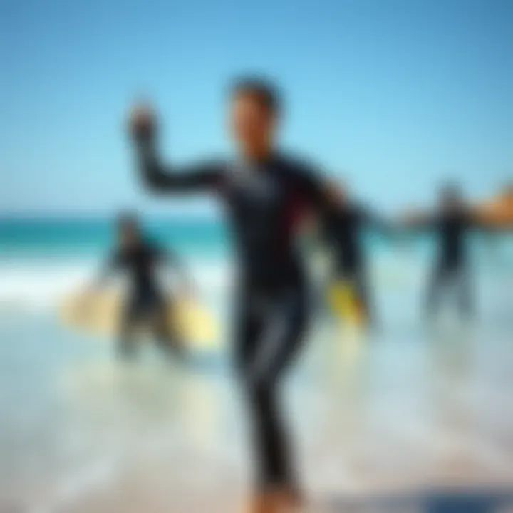 Athletes in Action Wearing Lycra Wetsuits A serene beach setting with athletes in lycra wetsuits engaging in various watersports.