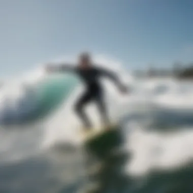 Surfer in Action: Navigating the Wake A surfer skillfully navigating the wake of a boat