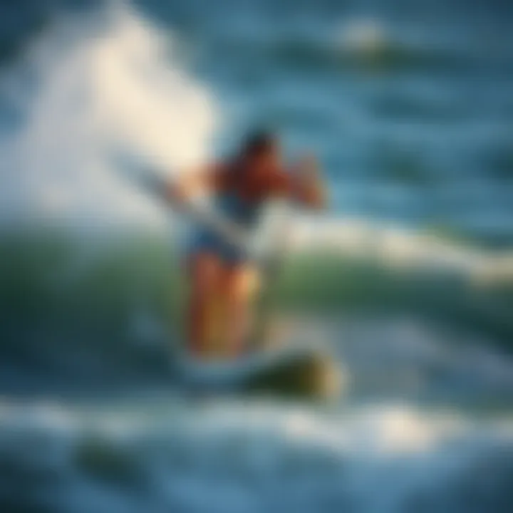 An advanced paddleboarder executing a pivot turn in dynamic water conditions.