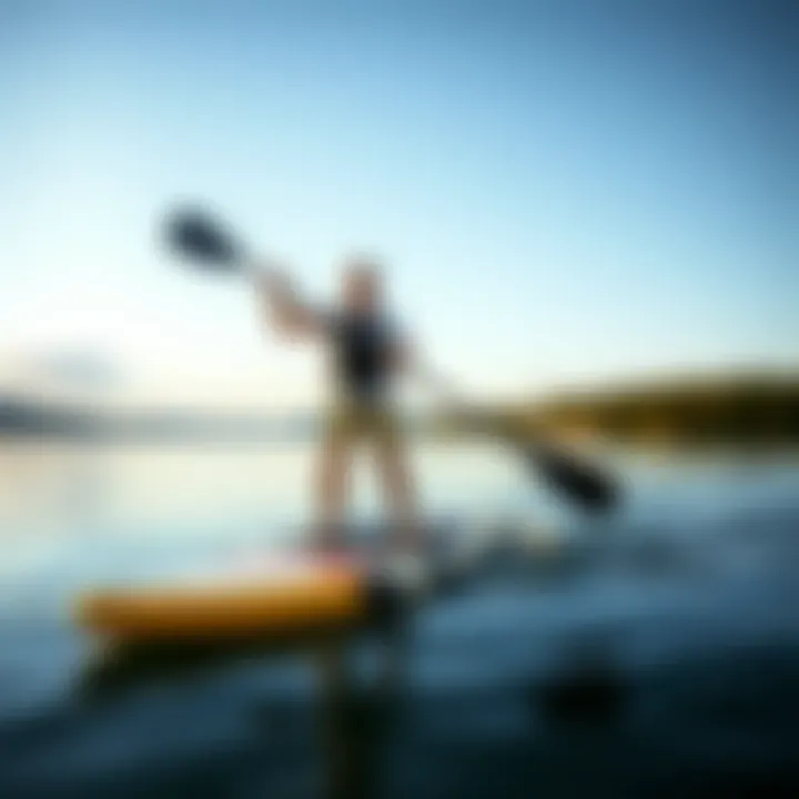 A paddleboarder demonstrating proper posture while paddling on a lake.