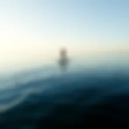 A serene landscape featuring a paddleboarder gliding on calm waters.