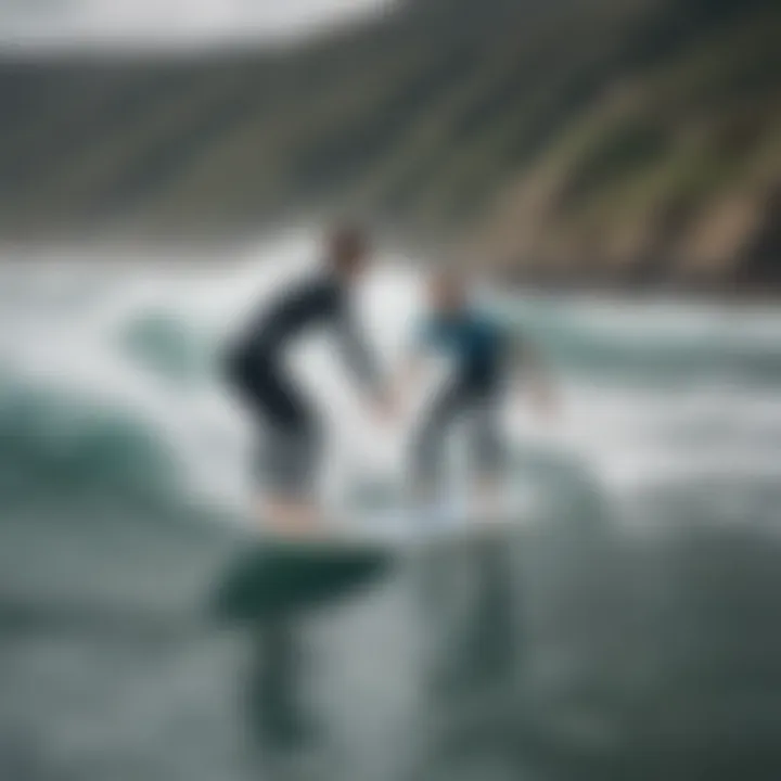 Surf instructor guiding a student