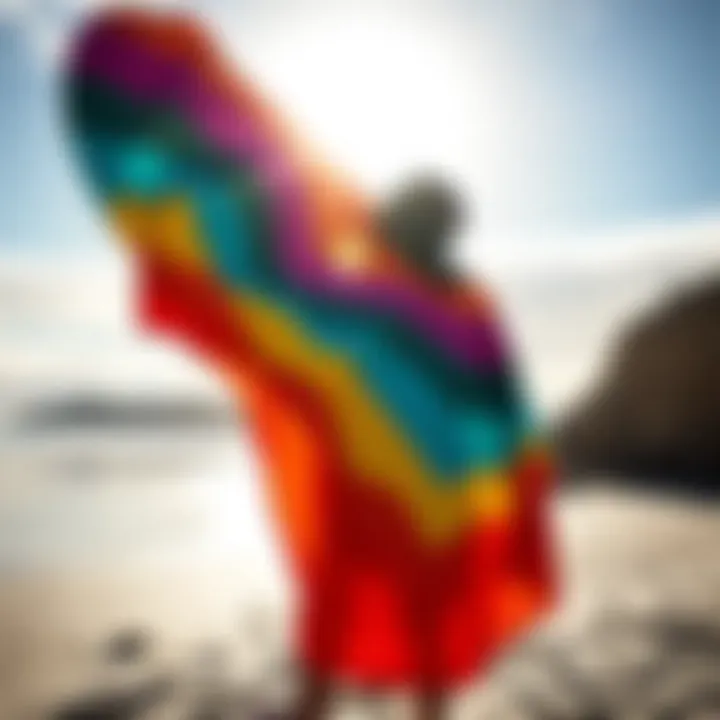 Vibrant Design of the Mystic Surf Poncho Vibrant surf poncho displayed on a sandy beach