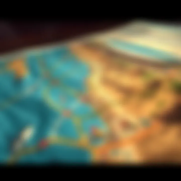 A detailed surfer's map showcasing various surf spots along the coastline