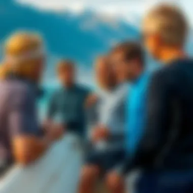 A group of surfers discussing local surf conditions and tips