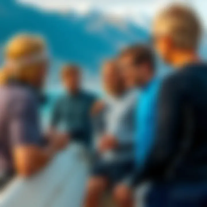 A group of surfers discussing local surf conditions and tips