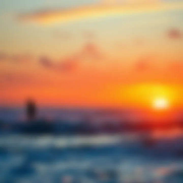A vibrant sunrise over the ocean, ideal conditions for surfing
