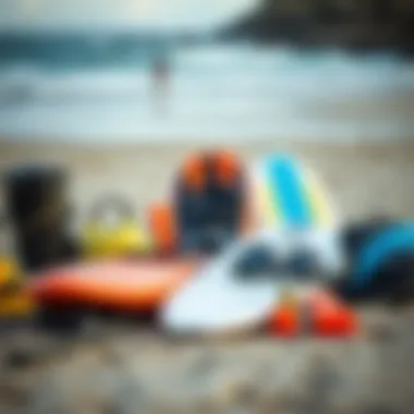 An array of surf gear laid out on the beach, highlighting essential equipment