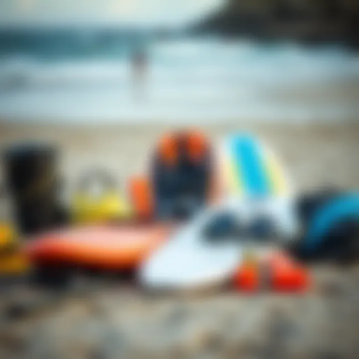 An array of surf gear laid out on the beach, highlighting essential equipment