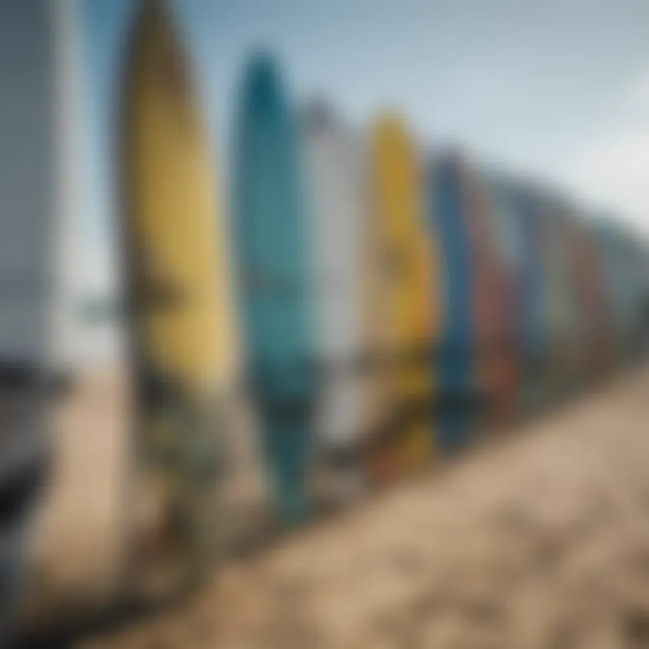 A vibrant display of various kiteboards showcased at a specialized outlet