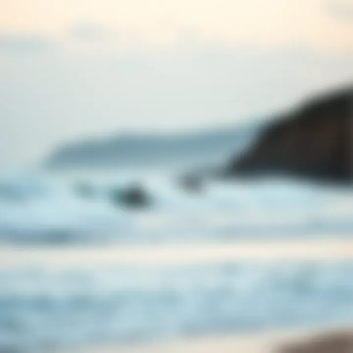 Tranquil Surfing Spot A serene beach with surfers in the distance