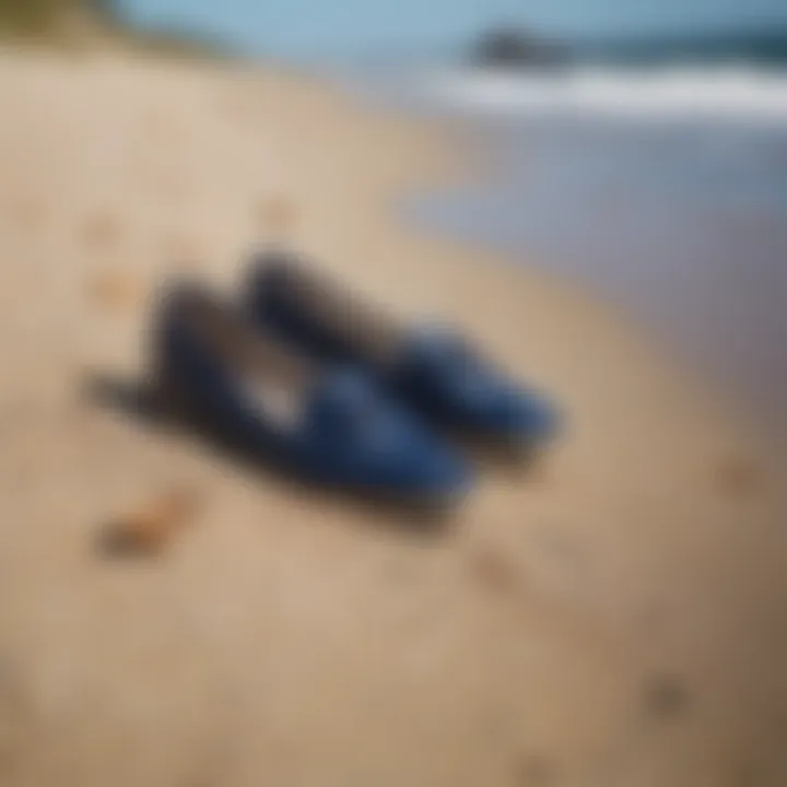 Stylish navy Roxy shoes showcased on a beach