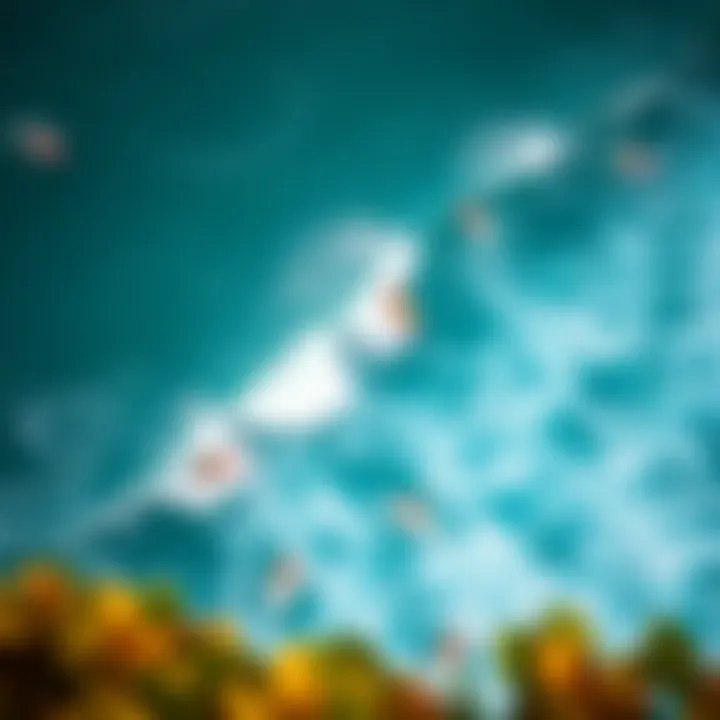 Surfers at North Shore: Aerial Perspective Aerial view of Oahu's North Shore showcasing surfers riding waves