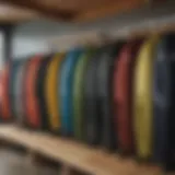 Patagonia wetsuit hanging on a rack showcasing various colors and designs