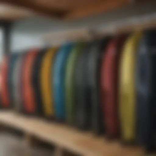 Patagonia wetsuit hanging on a rack showcasing various colors and designs