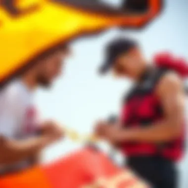 Kite enthusiast examining repaired kite with satisfaction