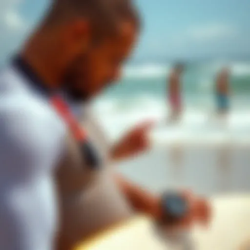 A surfer checking a shark leash watch while on the beach.