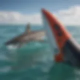 A close-up view of an electronic shark repellent device in use in the ocean.