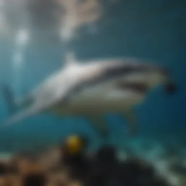 A diver applying a natural shark repellent in a clear underwater setting.