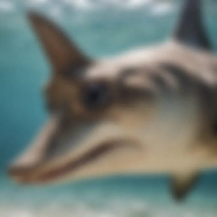 A detailed close-up of a hammerhead shark showcasing its unique head shape