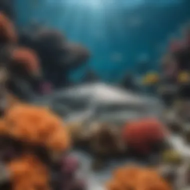 An underwater scene depicting a shark with a vibrant coral reef in the background