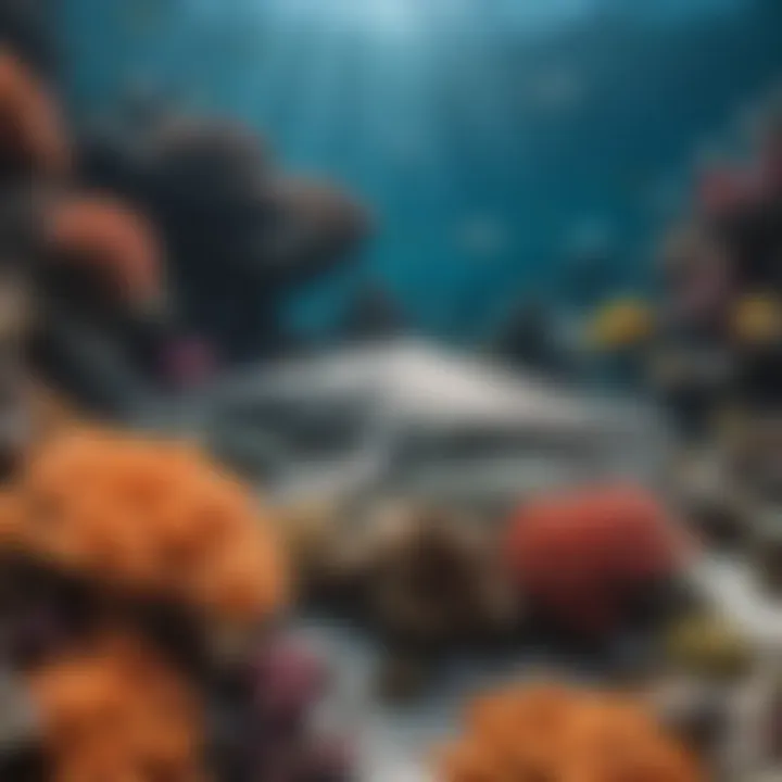 An underwater scene depicting a shark with a vibrant coral reef in the background