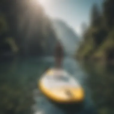 A paddle board on water with a scenic backdrop