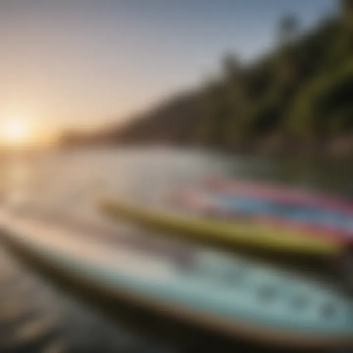 Different types of paddle boards lined up for comparison