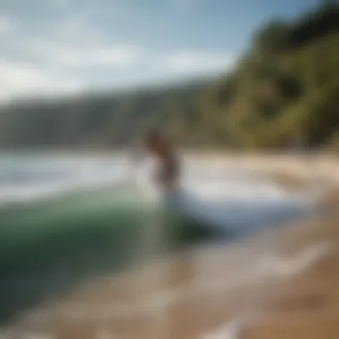 A scenic beach with ideal skimboarding conditions for larger individuals.