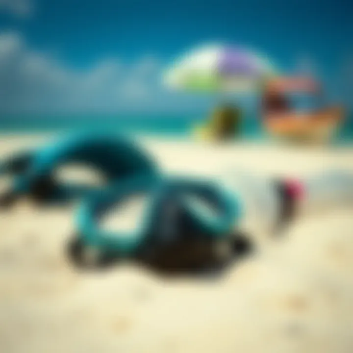 A close-up of snorkeling gear laid out on a sandy beach, ready for an underwater adventure.