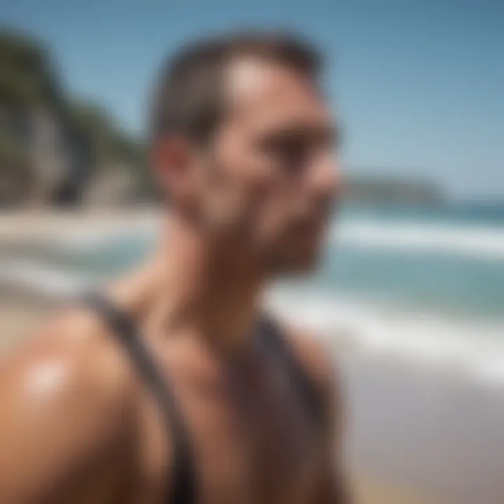 An athlete practicing deep breathing exercises on a beach.