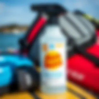 Essential Hygiene for Water Sports Enthusiasts Close-up of the antibacterial spray bottle with water sports gear
