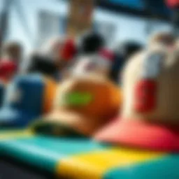 A collection of iconic surf brand hats displayed on a vibrant background